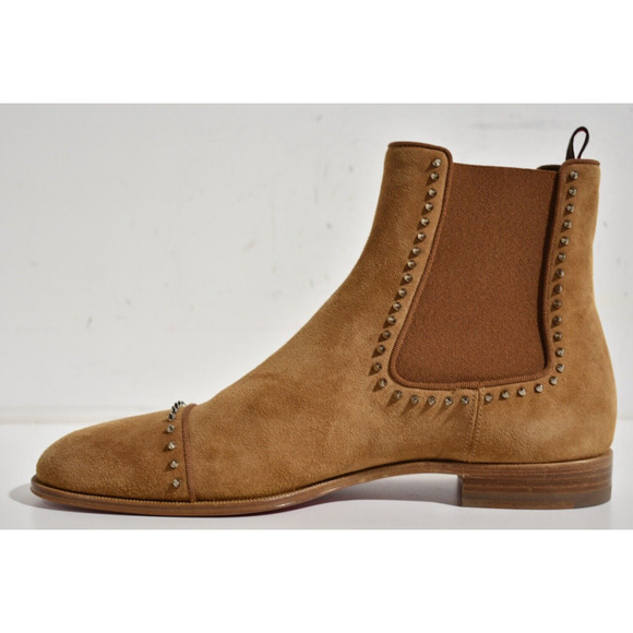 Christian Louboutin Mens Chelsea Cloo Flat Cinnamon Brown Suede Spike Boot 45 12 - Picture 9 of 12